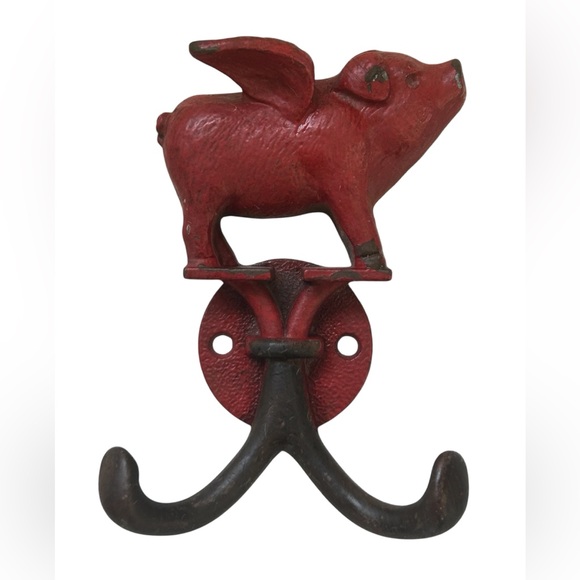 RED CAST IRON FLYING PIG WALL HOOK - Picture 1 of 5